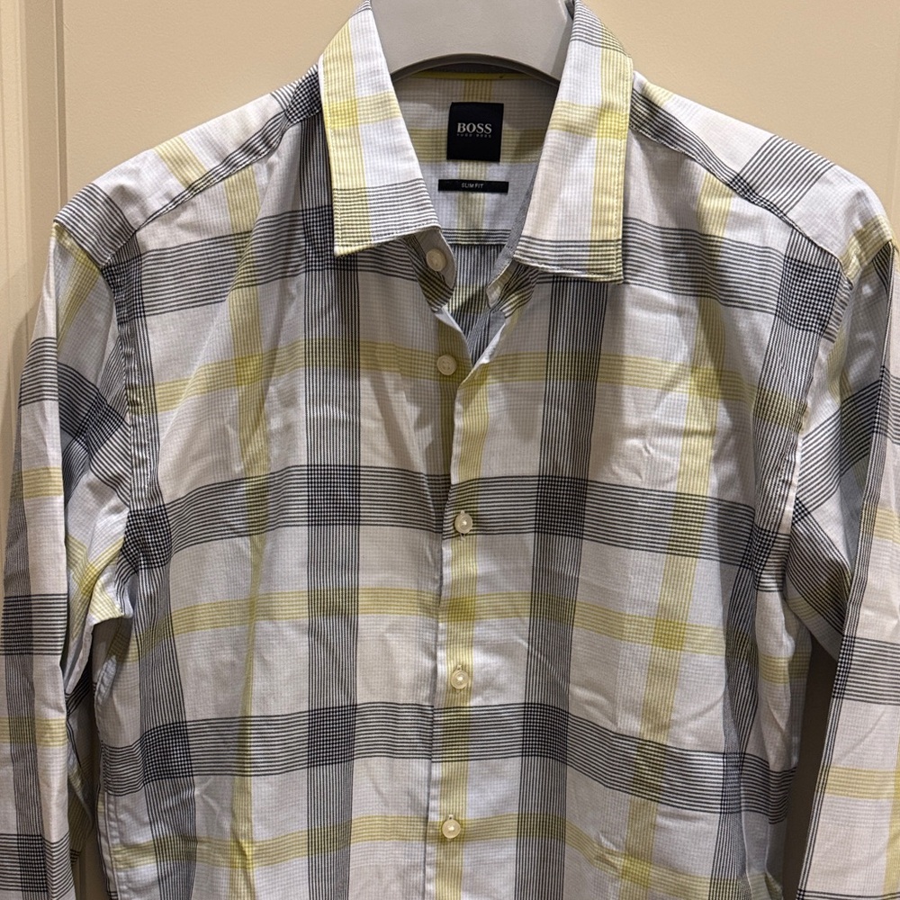 BOSS Men's White, Yellow & Gray Plaid Button-Down Shirt